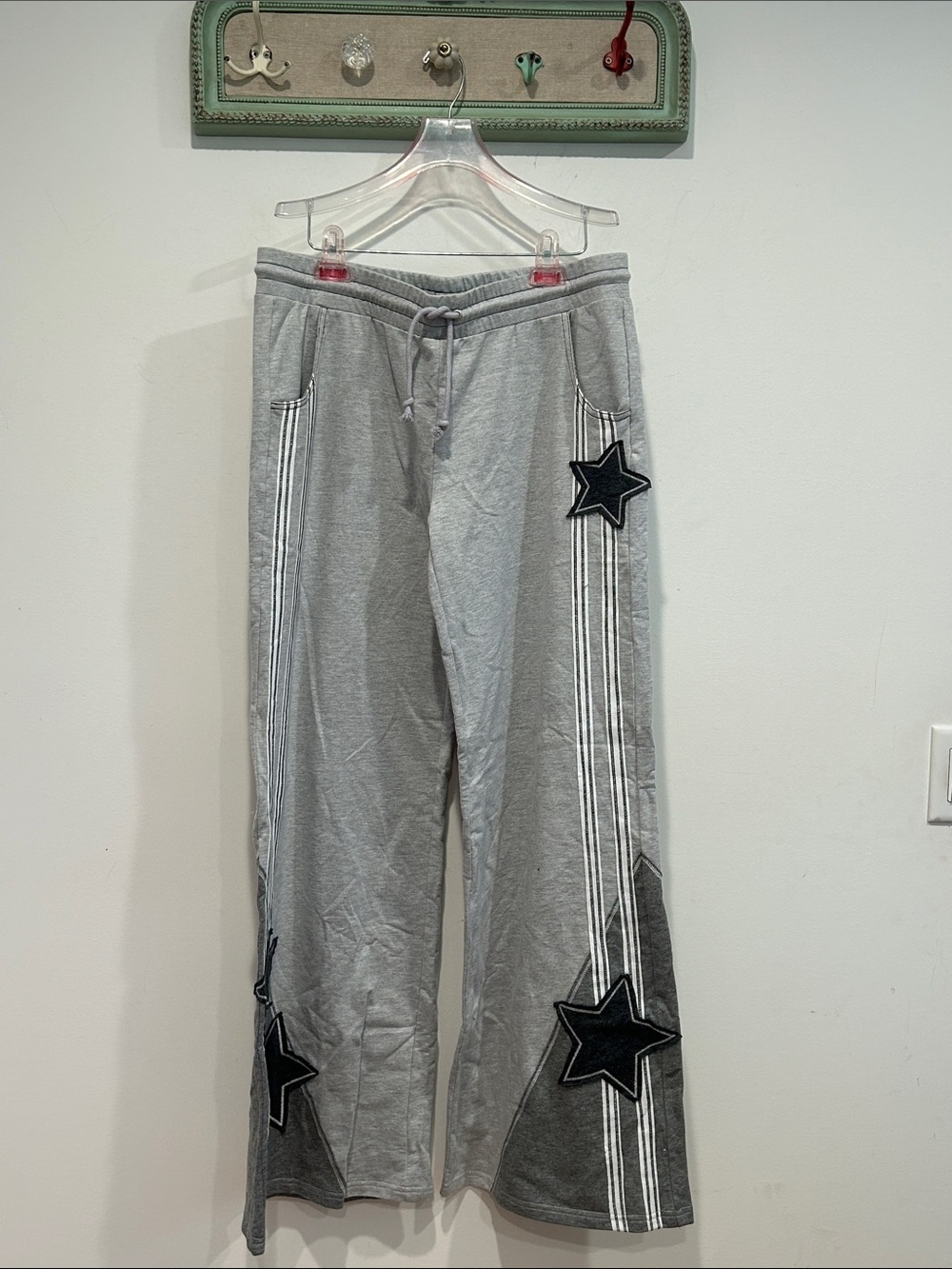dELiA*s x dolls kill Gray Star-patchwork wide leg Track Pants women’s xl new